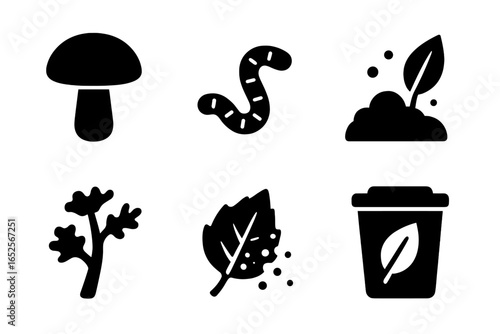 Compost and gardening icon set. Organic decomposition symbols. Vector glyph collection with worm, mushroom, sprout, decaying leaf, and eco bin for nature and recycling.