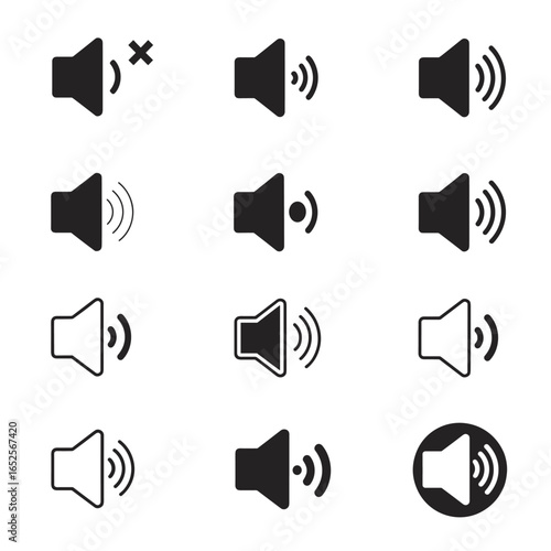 Set of twelve black and white speaker volume icons with sound waves and mute symbol audio