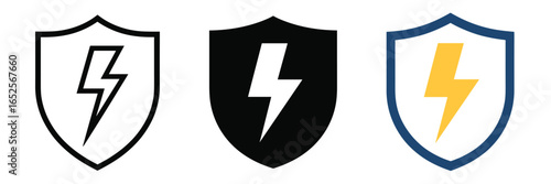 Three minimalist shield logos with lightning bolt icons in black and yellow thunder