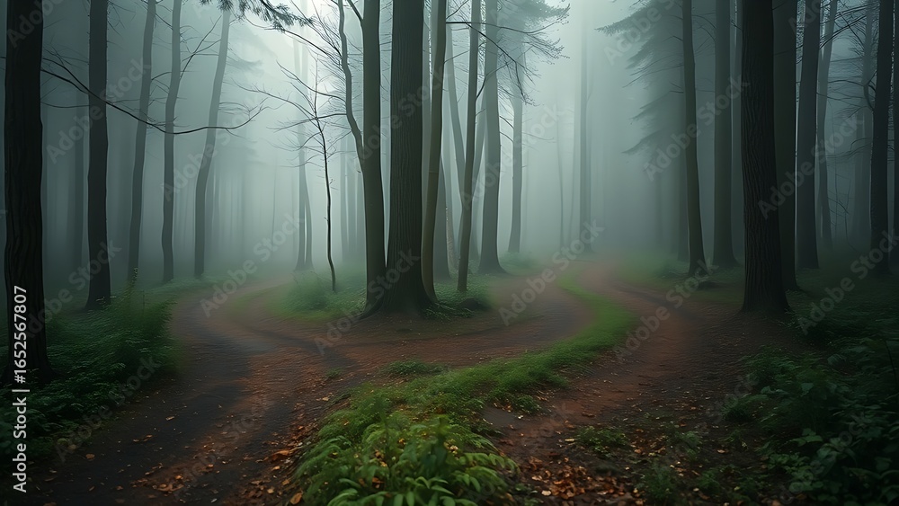 Fototapeta premium Misty forest with diverging paths and atmospheric lighting