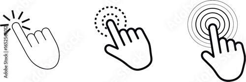Three black and white hand cursor icons with different click effects touch