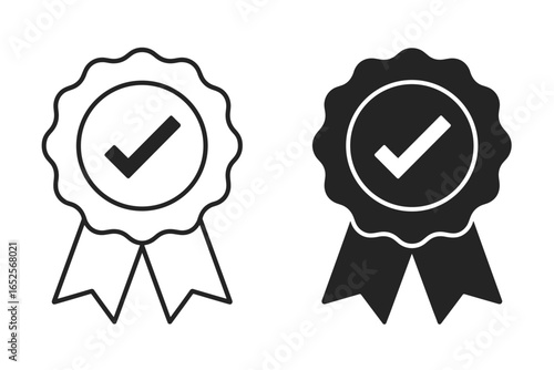Black and White Ribbon Award Icons with Checkmarks badge tick