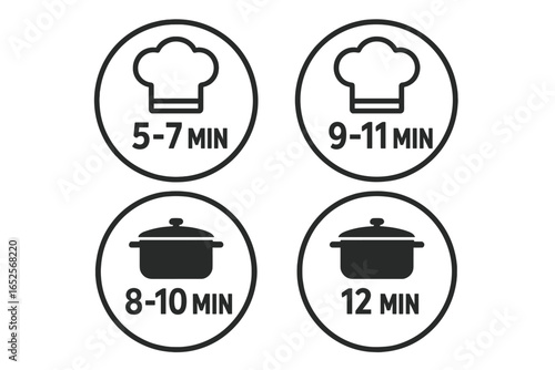 Vector icon set for cooking time instructions on food packaging. Includes chef hat and pan symbols with minute timer. Flat design label for pasta and food products.