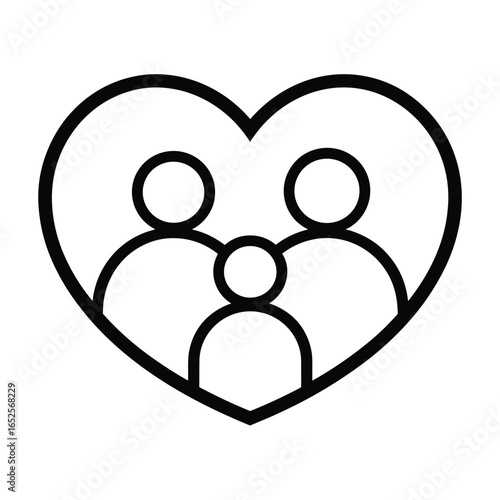 Simple black line art of a family inside a heart shape on a white background love people