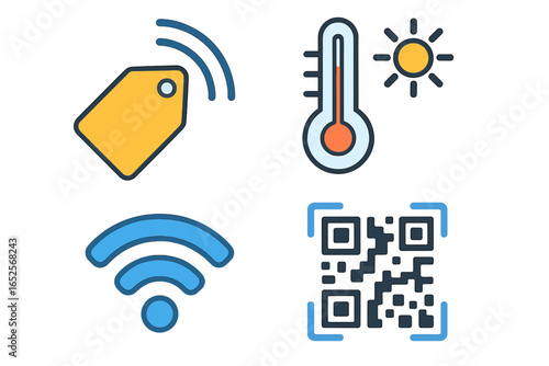 Technology icon set for IoT applications. Smart tagging, temperature monitoring, network connectivity, and QR code scanning symbols. Vector cartoon illustration concept.