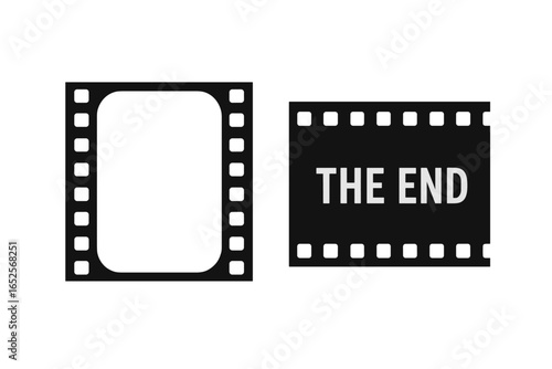 The End movie title on a film strip. Final frame of a retro movie. Vintage cinema screen. Vector set of old filmstrip borders and ending title card illustrations.