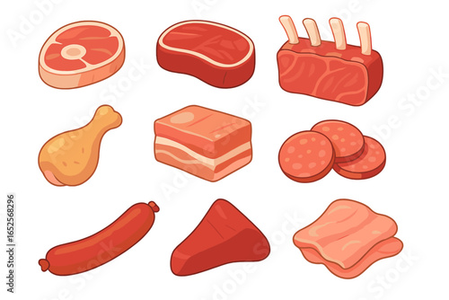 Meat cuts vector icon set. Raw fresh beef steak, pork rib, bacon, salami, and chicken leg. Cartoon food illustration for butchery shop, restaurant menu or gastronomy.