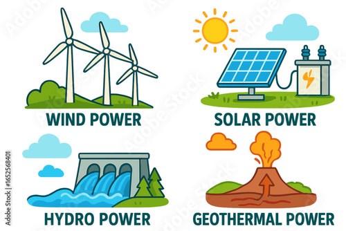 Renewable energy sources icon set with wind turbines, solar panels, hydro power dam, and geothermal volcano. Green, clean, sustainable electricity generation concepts. Vector.