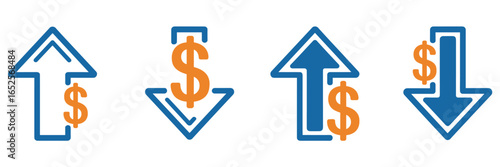 Four blue and orange dollar sign arrow icons showing upward and downward trends up arrow down arrow