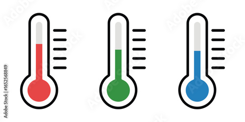 Three thermometers with red green and blue liquid levels on white background temperature measurement