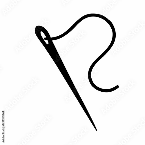 Black Sewing Needle with Thread Silhouette – Minimalist Vector Icon Representing Tailoring, Embroidery, and Handmade Craftsmanship