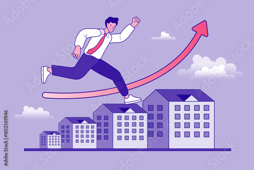A concept of real estate growth and property investment. A businessman runs up buildings arranged like a rising bar chart, symbolizing a successful housing market and corporate expansion.