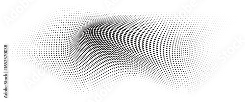Flowing Wave Dot Halftone Pattern: Curve Gradient Shape on Transparent Background. Suitable for AI, Tech, Network, Digital, Science, and Technology Themes.
