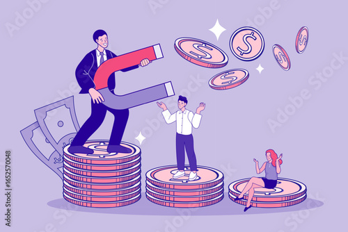 A businessman uses a magnet to attract money, a vector illustration of attracting wealth and financial success, investment, and business growth.