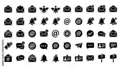 Email Icon Vector Set – Envelopes, Notifications, and At Symbols – Perfect for Messaging Apps, Communication Designs, and Email Marketing
