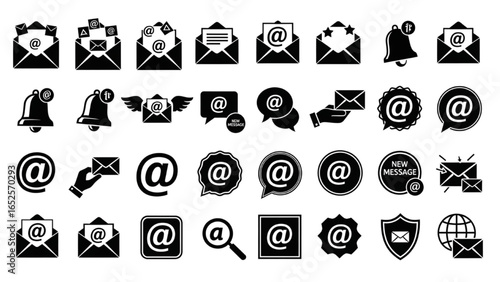 Email Icon Vector Set – Envelopes, Notifications, and At Symbols – Perfect for Messaging Apps, Communication Designs, and Email Marketing
