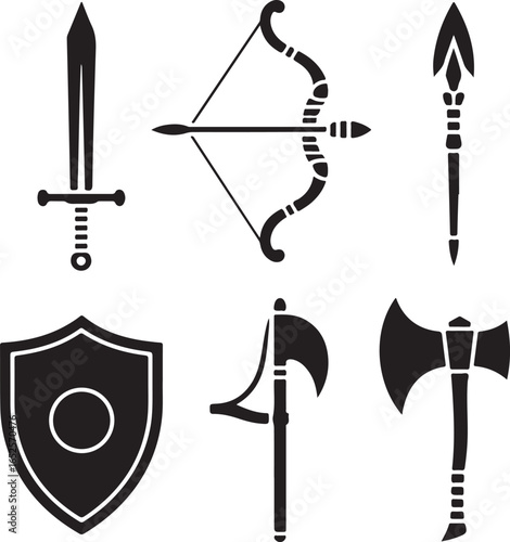 Silhouette Collection Of Medieval Weapons Including Sword Bow Arrow Spear Shield Axe vector illustration