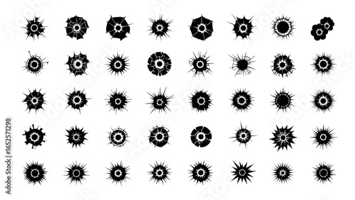 Explosion, Crack, and Bullet Hole Silhouette Vector Set – Damaged Glass, Shattered Impact, and Burst Effects for Comic Books, Gaming, Digital Art, and Action Themes
