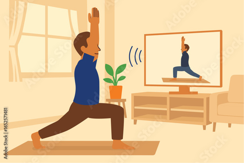 Man doing yoga exercise by helping of AI on the floor indoors 