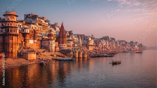 Varanasi city with ancient architecture. View of the holy Manikarnika ghat at Varanasi India at sunset, .