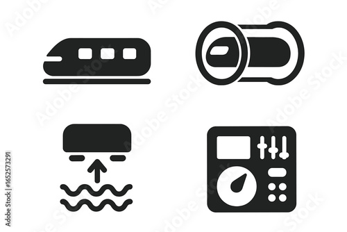 Hyperloop travel icon set. Solid filled vector symbols of hyperloop pod, vacuum tube, magnetic levitation, high speed transport, futuristic train, control panel, innovation technology