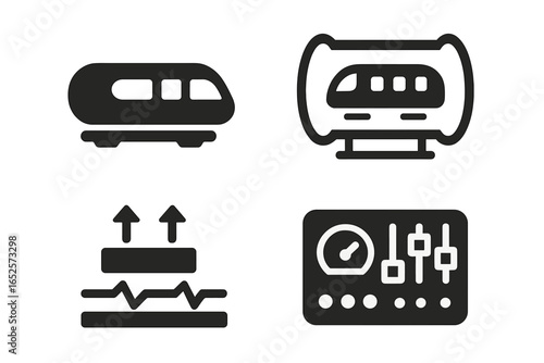 Hyperloop transport icons set. Modern travel pod, vacuum tube, magnetic levitation system, control panel dashboard. Futuristic high-speed train technology vector illustration pack