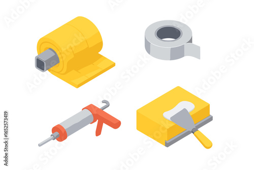 Isometric insulation and sealing tools icon set. Duct insulation roll, foil tape, caulking gun, mastic putty knife. Construction, HVAC, home improvement vector illustration for stock design.