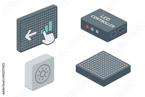 Isometric LED display icon set with interactive wall screens, LED panel controller box, light sensor symbol, vector illustration for smart lighting, signage, user interface concepts