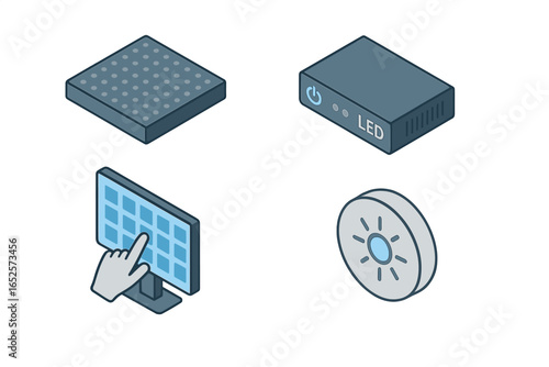 Isometric vector set of interactive LED display icons. Flat icons include LED wall panel, controller box, touchscreen interface, light sensor. Smart display system technology illustration
