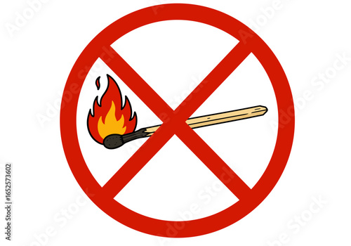 No fire sign illustration, safety warning symbol artwork, prohibition matchstick graphic, flammable hazard notice, red circle design, danger alert icon