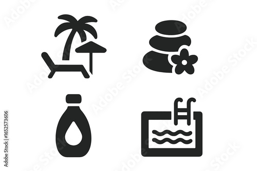 Island Resort Relaxation Icon Set. Solid Filled Symbols of Beach Lounger with Palm Tree, Spa Stones with Flower, Massage Oil Bottle, Swimming Pool. Vector Design for Travel and Wellness Concepts