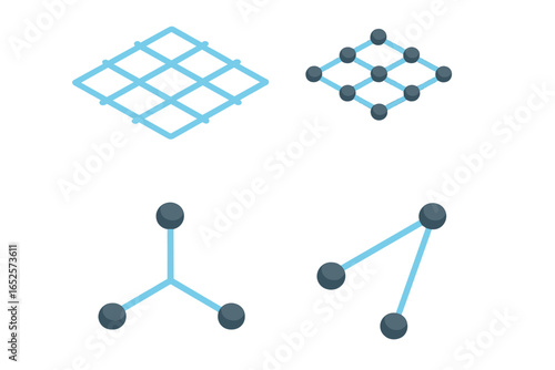 Isometric geometric grid nodes, network connection points, intersection structure, lattice mesh, molecular bond diagram, technology system, abstract vector illustration set