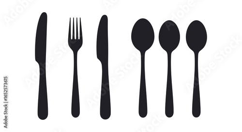 Elegant Black Silhouette of Cutlery Set on White Background for Design