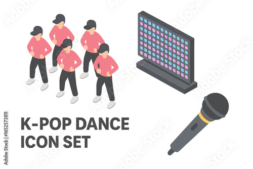 Isometric K-pop Dance Icon Set with Dancing Crew Formation, LED Stage Screen, Microphone. Flat Vector Illustration for Korean Pop Music Performance, Dance Club, Concert, Entertainment