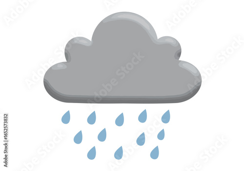 Rain cloud illustration with falling drops, weather symbol artwork, stormy sky cartoon design, grey cloud decor, nature sketch, atmospheric graphic art