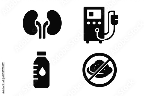 Kidney Disease Solid Black Vector Icon Set: Human Kidney, Hemodialysis Machine, Fluid Intake Bottle, Low Sodium Food Restriction, Nephrology Healthcare, Renal Treatment, Transparent Background