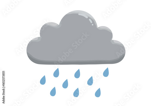 Rain cloud illustration with falling drops, weather symbol artwork, stormy sky cartoon design, grey cloud decor, nature sketch, atmospheric graphic art