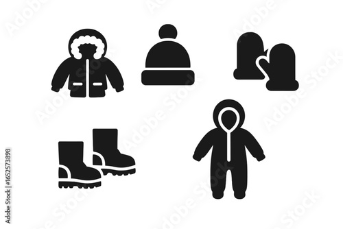 Winter Kids Clothing Icons Set. Warm Coats, Pom Beanies, Mittens, Snow Boots, Snowsuit. Vector Silhouette Collection for Children’s Outdoor Apparel, Winter Wear Symbols, Black Design on White