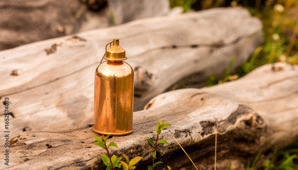 Fototapeta premium Copper Metal Bottle on Driftwood