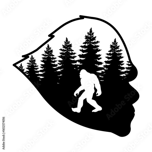 Bigfoot in trees, bigfoot head, yeti, sasquatch svg cut file. Isolated vector illustration.