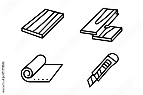 Laminate Flooring Installation Vector Icons Set. Laminate Plank, Click-Lock Edge, Underlayment Pad, Utility Knife. Flooring Materials, Step-by-Step Setup. DIY Home Renovation Tools Illustration
