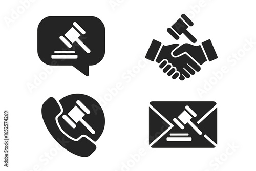 Legal Communication Vector Icons Set. Judge Gavel with Speech Bubble, Handshake, Phone Call, Email Envelope. Law, Attorney, Consultation, Advice, Court, Justice, Legal Services, Solicitor