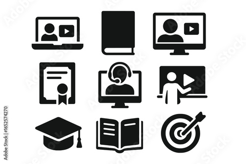 Online education icons set. E-learning, video conference, digital certificate, online course, webinar, remote teaching, graduation, book, study, remote training, vector illustration