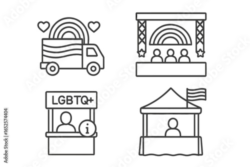 LGBTQ+ Pride Event Outline Icons Set. Community Parade Float, Festival Stage, Informational Booths, Rainbow Flag Tent. Diversity, Inclusivity, Awareness. Vector Isolated Illustration