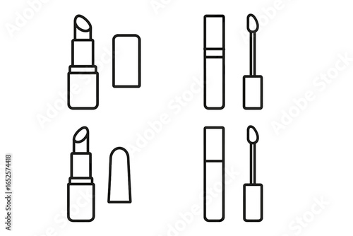 Lip care vector icons set. Outline illustration of lipstick tube with cap, twist-up mechanism, lip gloss bottle, doe foot applicator wand, makeup product packaging, beauty cosmetic collection