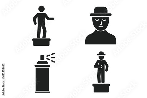 Living statue performer icons set. Street performer statue poses on pedestal, metallic painted human figure with hat, spray paint aerosol, still figure performance art vector illustration