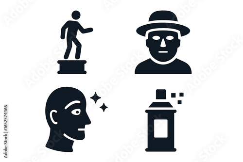 Living statue performer vector icon set. Human figure on pedestal, mime face with hat mask, shining metallic face, spray paint can. Mime artist symbols. Street artist concept illustration.