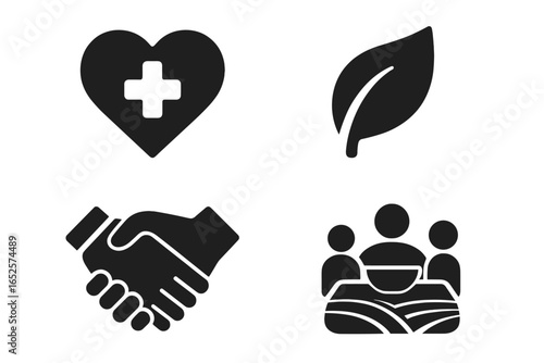 Local food benefits icon set, healthy eating, heart health, eco friendly leaf, sustainable agriculture, handshake partnership, farm landscape, community meal, family nutrition vector illustration