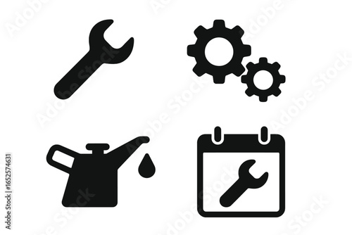 Maintenance and Repair Icon Set. Vector Illustration of Wrench, Gear, Oil Can, Tools, Machine Parts, Scheduled Service, Engineering, Mechanical, Automotive Symbols, Black Silhouette Icons