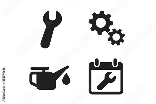 Maintenance and Repair Icon Set. Black Solid Vector Symbols of Wrench, Gears, Oil Can, Maintenance Schedule. Industrial Service, Equipment Tools, Mechanical Repair, Auto Care Isolated Illustration.